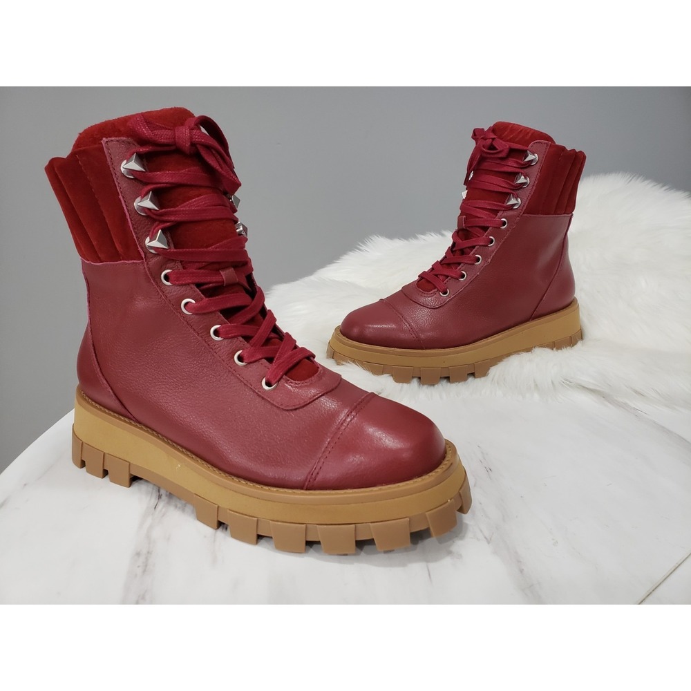 NEW NO BOX SIZE 8 Revolve Schutz Leather Lace Up Hiker Boots Sutton Red Burgundy